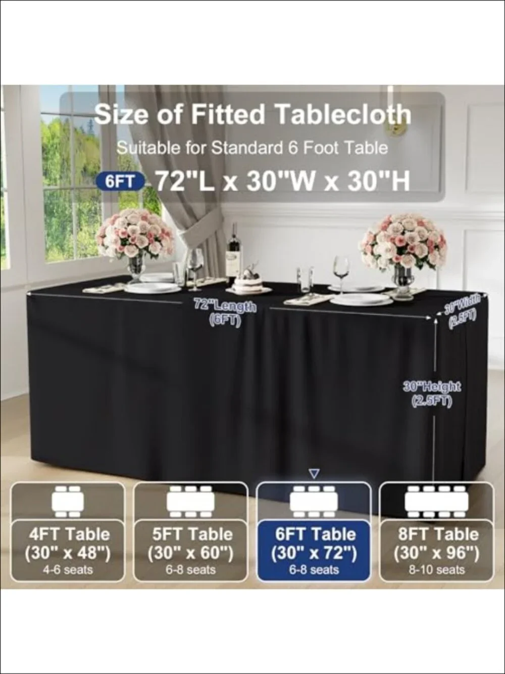 2 Pack Fitted Tablecloth 6ft Washable Polyester Waterproof Table Cover